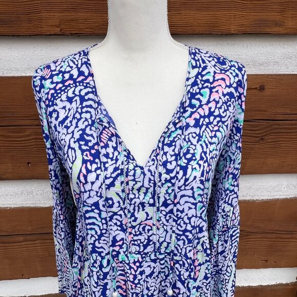 LILY PULITZER Kahli Top, Shirt. Blue Coral Grotto Move It or Lose it. Tassels XS - Picture 3 of 12